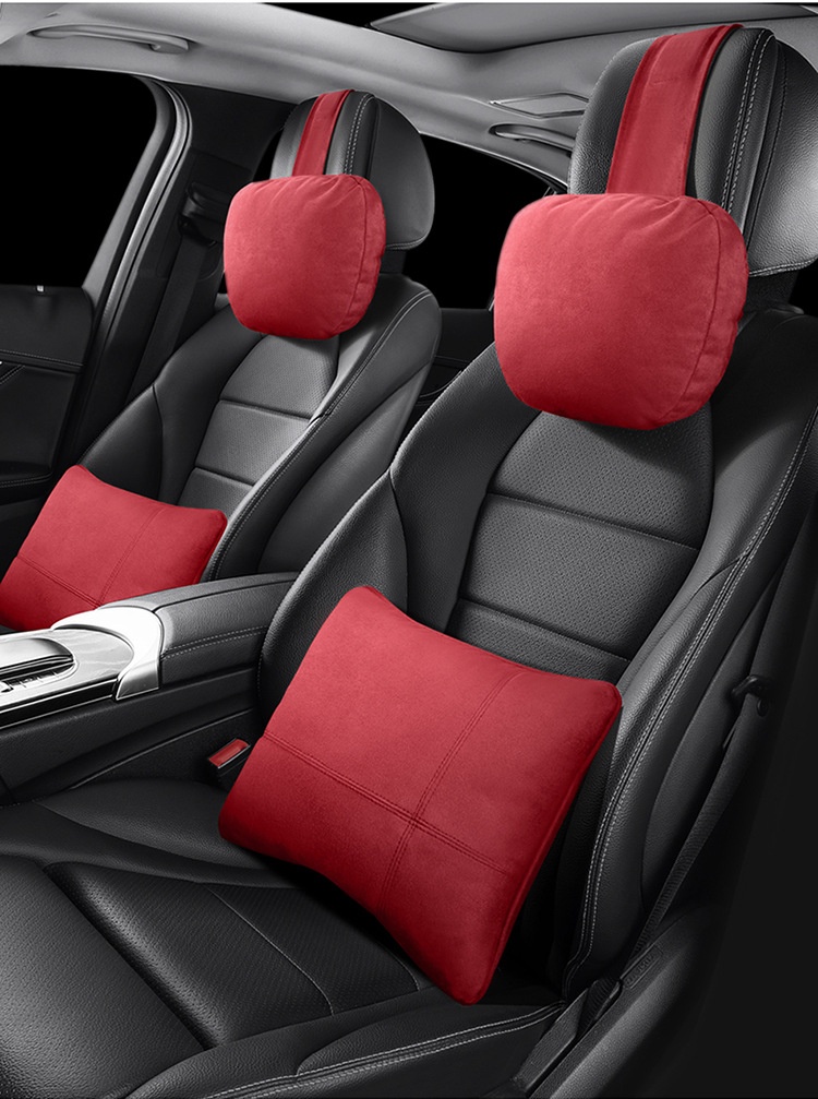 Red headrest and lumbar support in a luxury cabin