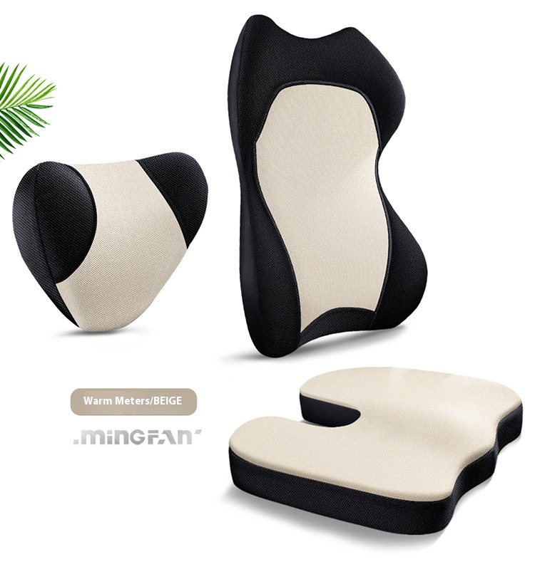 Warm beige headrest, lumbar, and seat cushion set