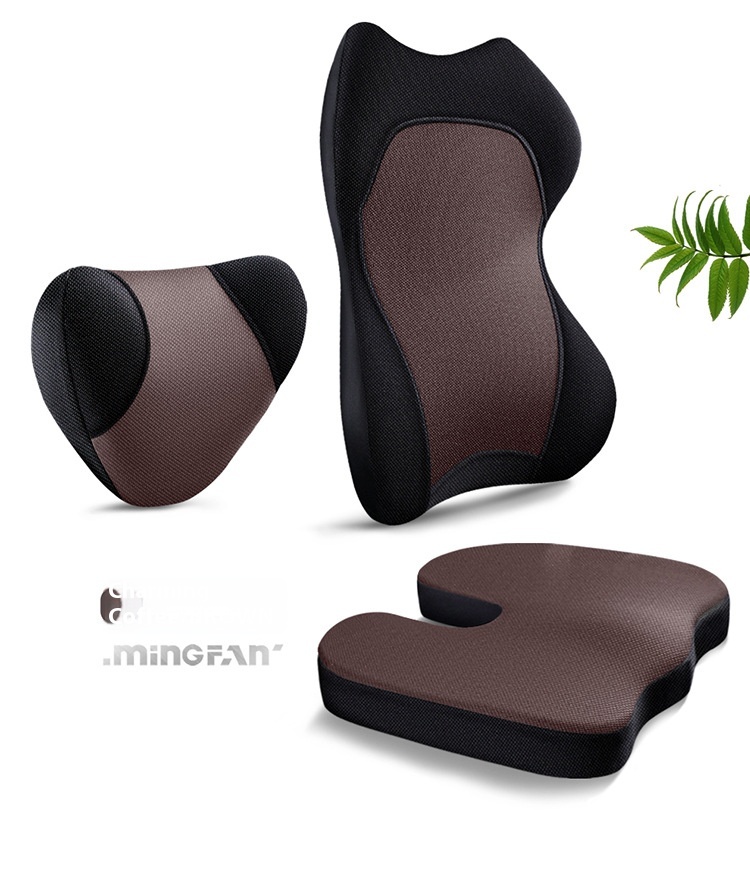 Brown mesh headrest, lumbar, and seat cushion set