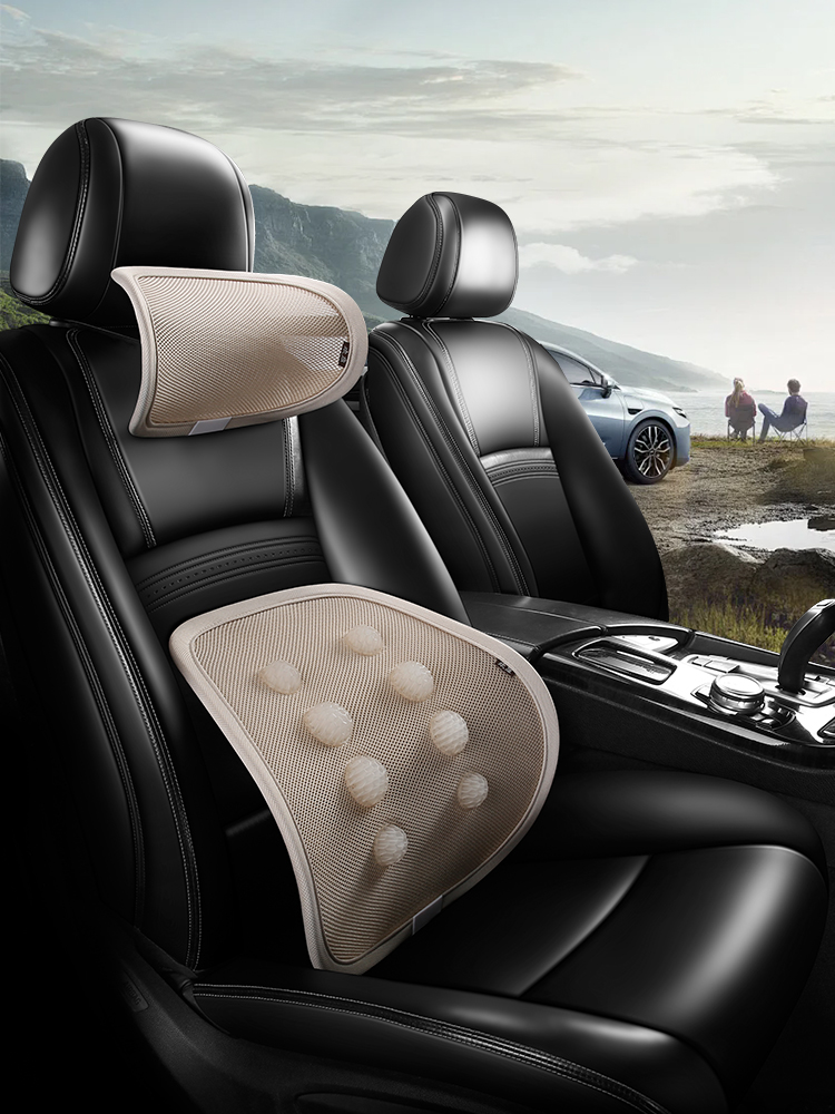 Beige massage bead headrest and lumbar set