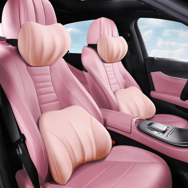 Pink suede memory foam headrest and lumbar set