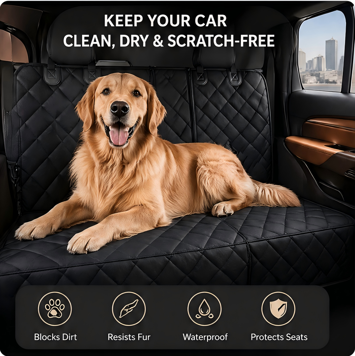 Dog relaxing on a full-coverage rear seat pet car cover