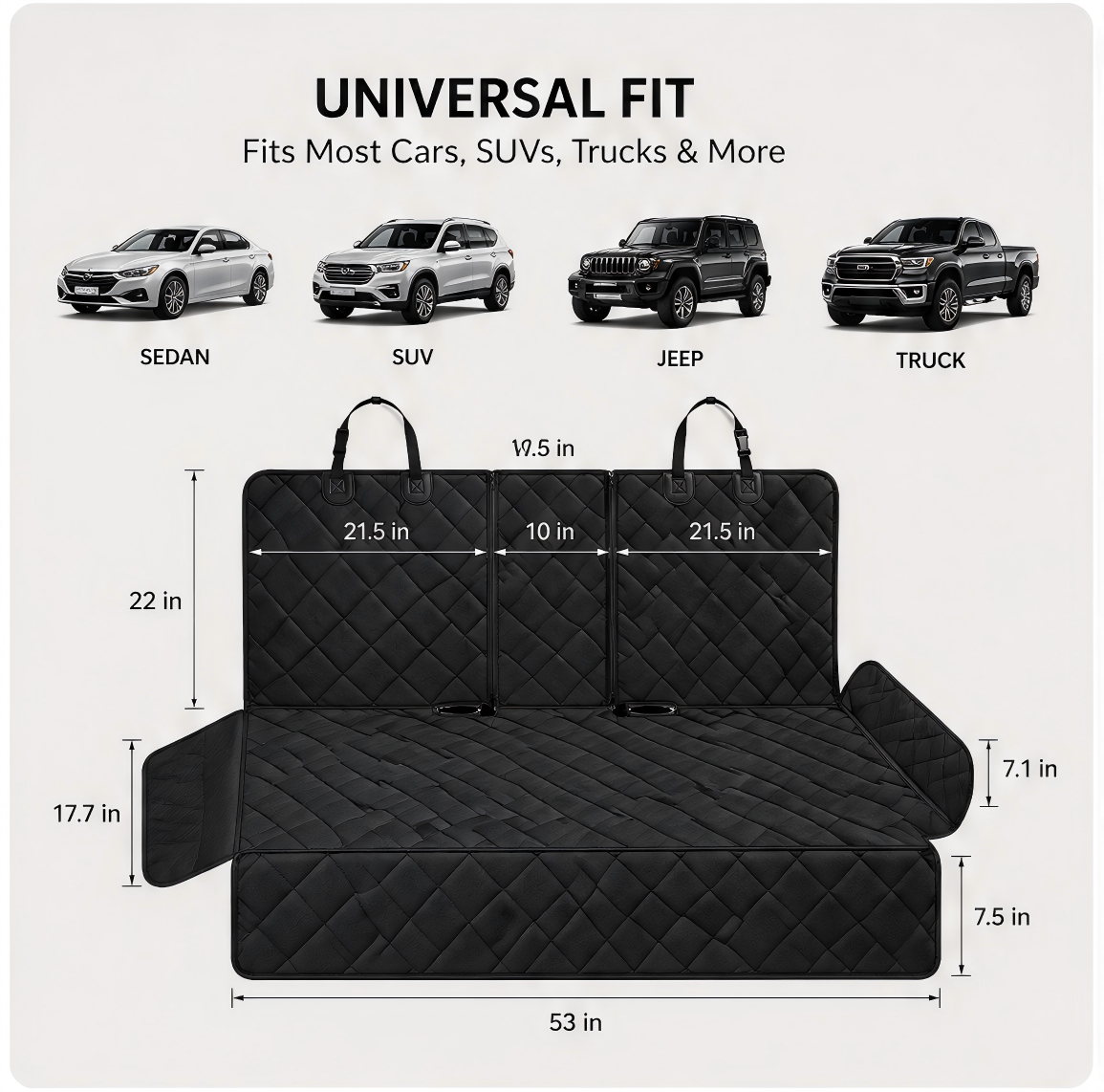 Universal fit dimensions and compatible vehicle types
