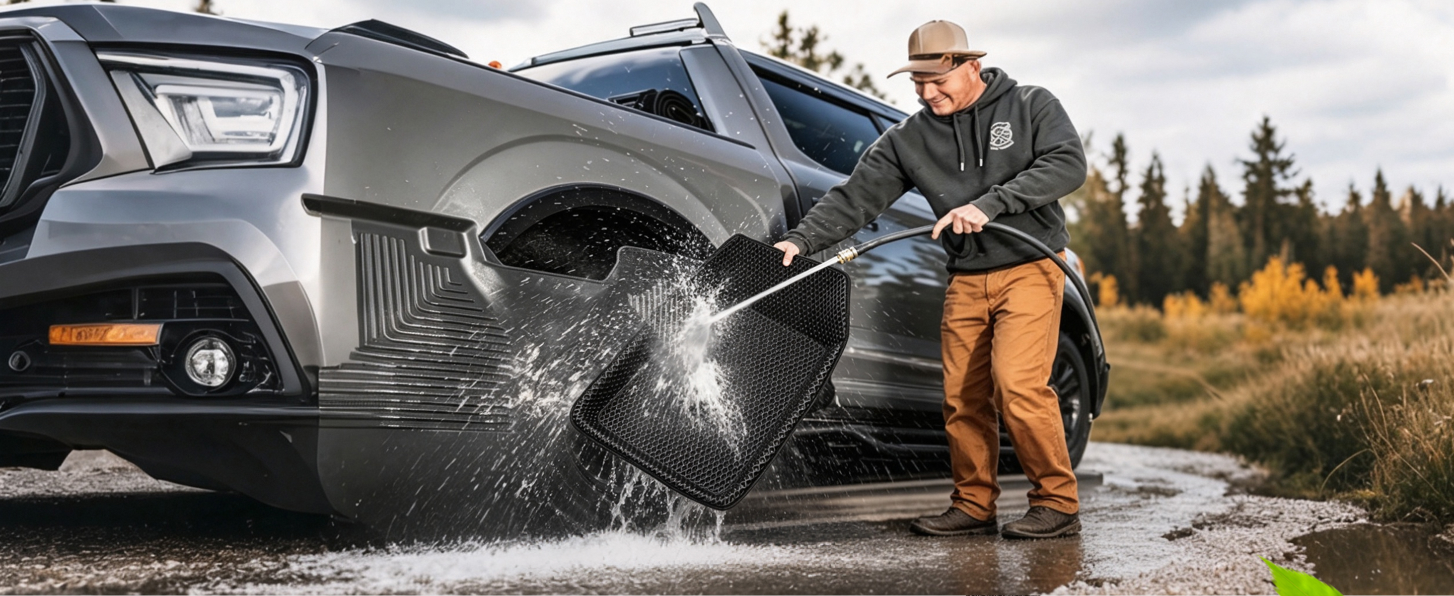 Floor mat being washed with water