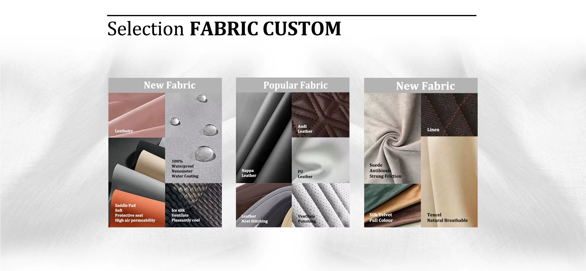 Nappa leather, waterproof microfiber and Alcantara Touch seat-cover material selection board