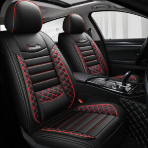 Nappa Leather Diamond Stitch Car Seat Covers - Black / Red Stitch